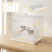 PawHut Bird Cage Foldable Portable Budgie Cage with Wooden Perch 2 Bowls for Travel 49 x 31 x 40 cm White(m-3)