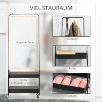 HOMCOM Metalen Kledingrek met Schoenenplank, Verrijdbaar, Vrijstaand, Zwart(m-6)
