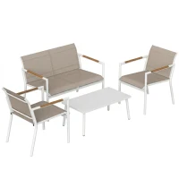 Outsunny 4 Seater Garden Furniture Set with Loveseat, Armchairs, Table, Metal Garden Sofa Set with Breathable Seats, Khaki(m-1)