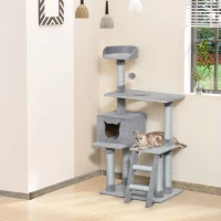 PawHut Tiragraffi Palestra per Gatti Multilivello con Casetta Scala Piattaforme, Pali in Corda di Juta, Grigio, 60.5x40x124cm(m-9)
