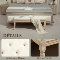HOMCOM Banc Banquette classique capitonné 115cm bout de lit Rembourrée en lin - bois d'hévéa sculpté, patiné - crème(m-4)