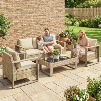 Outsunny 4 Piece Rattan Garden Furniture Set with 3-Seater Sofa, Armchairs, Table, Aluminium Frame Patio Conversation Set, Khaki(m-2)