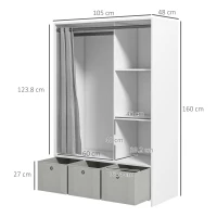 HOMCOM Dulap Modern cu Bară pentru Umerașe, 3 Sertare din Material Textil și 3 Rafturi, 105x48x160 cm, Alb și Gri(m-3)