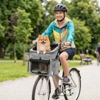 PawHut Panier de Vélo Avant Portable pour Chiens Chats, Laisse de Sécurité, Couvercle Détachable, 33x26x35cm, Gris Clair(m-14)