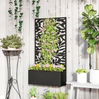 Outsunny Floreira Elevada com Painel de Privacidade de Folhas Decorativas de Metal e Opção de Montagem na Parede 61x23x113 cm Preto(m-10)