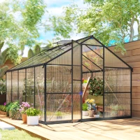 Outsunny Seră pentru grădină din policarbonat și aluminiu cu ușă batantă și 2 ferestre reglabile, 304x247x205 cm, negru(m-10)