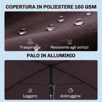 Outsunny Ombrellone da Giardino Rettangolare e Regolabile con Palo in Alluminio, 2x1.3x2.5 m, Marrone e Nero(m-4)