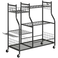 Outsunny Organisateur d'Outils de Jardin en Acier à 3 Niveaux, 32 Emplacements, 4 Roues, 11 Crochets, 104x40x95cm, Noir(m-1)