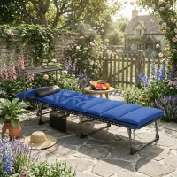 Outsunny Folding Sun Lounger with Canopy, Reclining Sunbed with Cushion, Side Pocket, Carrying Handle, Dark Blue(m-10)