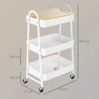 HOMCOM Desserte chariot de rangement en acier à roulettes avec 3 niveaux, plateau MDF, poignées dim. 45L x 31l x 79,4H cm(m-3)