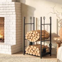 Outsunny Portalegna da Interno ed Esterno Rialzato a 2 Ripiani, Porta Legna da Ardere in Metallo con Supporti Rimovibili, Paletta, Scopa, Attizzatoio e Pinza, Capacità 70 kg, 44.5x29.5x73 cm, Nero(m-2)