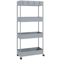 HOMCOM Keukenwagen met 4 Schappen, 4 Flexibele Haken, 4 Wielen, 40 cm x 19 cm x 90 cm, Niswagen, Grijs