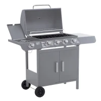 Outsunny 4+1 Burner Gas BBQ Grill, Outdoor Barbecue Trolley with Wheels, Warming Rack, Side Shelves, Cabinet, Thermometer for Garden, Party, Camping, 125W x 51D x 100Hcm, Grey(m-1)