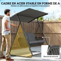 Outsunny Balancelle de jardin 2 places en résine tressée, balançoire extérieure avec toit réglable et coussin épais, gris(m-8)
