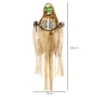 HOMCOM Halloween Decoratie, Hangend Skelet, Lichtgevende Kop, Griezelig Huilen, Buigzame Armen, Kaki(m-3)
