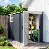 Outsunny 7.6 x 4ft Lean to Garden Metal Shed, Outdoor Storage Shed with Window, 2 Vents and Lockable Door for Garden, Dark Grey(m-13)