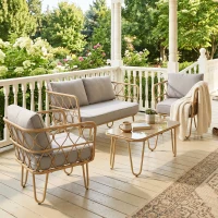 Outsunny Ensemble salon de jardin canapé 2 places + 2 fauteuils + 1 table basse plateau verre trempé 7 coussins gris(m-9)