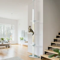 PawHut Albero Tiragraffi per Gatti a Soffitto con Palo Regolabile da 225-255 cm, Pallina e Piattaforme, Bianco(m-10)