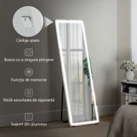 HOMCOM Oglindă de Corp Întreg cu LED, 150x50 cm, Iluminare în 3 Culori, de Podea, Sprijinită sau Montată pe Perete, Transparentă(m-7)