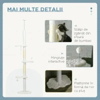 PawHut Arbore pentru pisici cu montare pe tavan, înălțime reglabilă și stâlpi acoperiți cu sisal, 48x32x225-255 cm, alb(m-6)