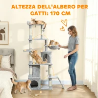 PawHut Albero Tiragraffi per Gatti con 2 Casette, Amaca, Tunnel, e Lettino, Pali in Sisal, 60x40x170 cm, Grigio(m-4)