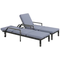 Outsunny Outdoor PE Rattan Sun Lounger Set of 2, Wicker Chaise Recliner Garden Chair with 5-Level Adjustable Backrest and 2 Wheels, Dark Grey(m-1)