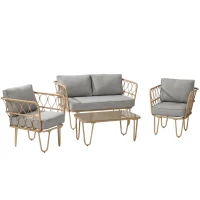 Outsunny Ensemble salon de jardin canapé 2 places + 2 fauteuils + 1 table basse plateau verre trempé 7 coussins gris(m-12)