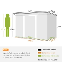Outsunny Abri de jardin 3,6 m² 280 x 130 x 172 cm kit de fondation porte coulissante ventilations acier galvanisé vert foncé(m-3)
