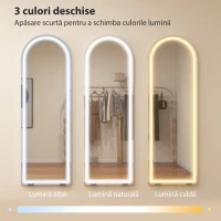 HOMCOM Oglindă de podea arcuită cu lumini, 150x50 cm, de perete și autoportantă, reglabilă, cu funcție de memorie, transparentă(m-4)