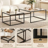 HOMCOM Lot de 2 tables basses gigognes, table de salon avec plateau en verre trempé et structure en métal, noir(m-6)