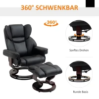HOMCOM Fauteuil met kruk, ligfunctie, draaibaar, tot 160 kg, kunstleer, metalen frame, zwart, 80 x 79 x 100 cm(m-6)