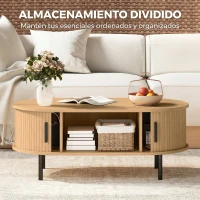 HOMCOM Mesa de Centro con Puertas de Tambor Deslizantes Mesa de Café Ovalada con Almacenamiento Oculto 100x55x40 cm Natural(m-6)