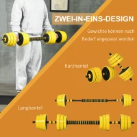 HOMCOM 25 kg halter & halter met lange stang, verstelbare ergonomische 3-in-1 halterset, 12 × schijven, 2 × korte stangen, 1 × lange stang, geel + zwart(m-4)