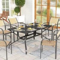 Outsunny Tuintafel Staal 150x90 cm Weerbestendige Balkontafel met Parasolgat, Lamellendesign voor 6 Personen Zwart(m-2)