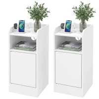 HOMCOM Slim Bedside Table Set of 2 with Charging Station, Narrow Bedside Cabinet with Adjustable Shelf, White(m-15)