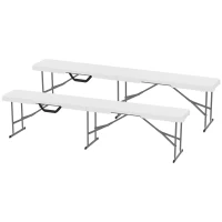 Outsunny Banc de jardin Lot de 2 bancs pliants avec poignée de Transport en Métal et HDPE 182 x 28 x 42 cm Blanc(m-12)