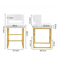 Lot de 2 tabourets de bar nordiques, design carré moderne, imperméable et facile à nettoyer, 48x53.3x91.4 cm, Blanc+Or(m-3)
