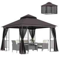 Outsunny Gazebo da Giardino 3x3m con Zanzariera e Tetto a 2 Livelli, Mensole Laterali e Ganci, Caffè(m-11)