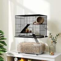 PawHut Gabbia per Criceti 3 Piani con Ruote, 2 Piattaforme, Rampe, Ciotola e Bottiglia, 58x43x74 cm, Nero(m-9)