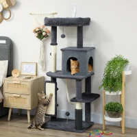 PawHut Arbre pour Chats Multiniveaux Haut 132 cm avec Maisonnette, Lit, Poteaux à Griffer, Brosse et Balle, Gris Foncé(m-2)