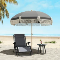 Outsunny 1.7 m Beach Umbrella with Sand Anchor, 30° Tilting Fringed Beach Garden Parasol with Adjustable Height, Grey(m-10)