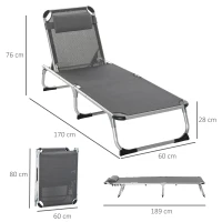 Outsunny Foldable Outdoor Sun Loungers Set of 2, Reclining Lounge Chair Camping Bed Cot with Pillow 4-Level Adjustable Back Aluminium Frame, Grey(m-3)