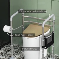 HOMCOM Free Standing Toilet Frame, Height and Width Adjustable Toilet Safety Frame with Arms, 2 Additional Suction Cups, Storage for Elderly, Disabled, Handrail Grab Bar, 136kg Weight Capacity(m-6)