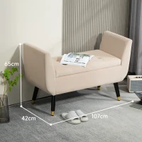 HOMCOM Opslagbank met Armleuningen, Fluweelachtig Polyester, Rubberhout, 107 x 42 x 65 cm, Beige(m-3)