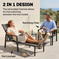 Outsunny Sun Loungers Set of 2 Retractable Footrest 5-Position Adjustable Steel Frame for Beach, Porch, Patio, Camping, Black(m-4)