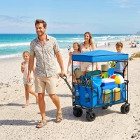 Outsunny Carro de Jardín Plegable con Ruedas Grandes Bloqueables Barra Ajustable Portavasos para Campaña 125x59x133 cm Azul(m-10)