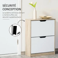 HOMCOM Meuble à chaussures 8 paires, armoire à chaussures étroite, 2 tiroirs rabattables, chêne et blanc(m-6)