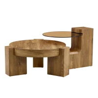 Ensemble 2 tables basses rondes, design 2 niveaux modulable, pieds en L renforcés, 61x61x30 cm, Couleur naturelle(m-2)