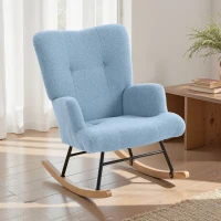 HOMCOM Silla Mecedora de Terciopelo de Teddy con Respaldo Alto Patas de Madera de Caucho Reposabrazos Azul Claro(m-6)