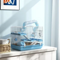 PawHut Cușcă pentru Hamsteri cu 3 Etaje, Căsuță, Roată, Bol pentru Mâncare, Sticluță și Tuburi, Albastru(m-10)